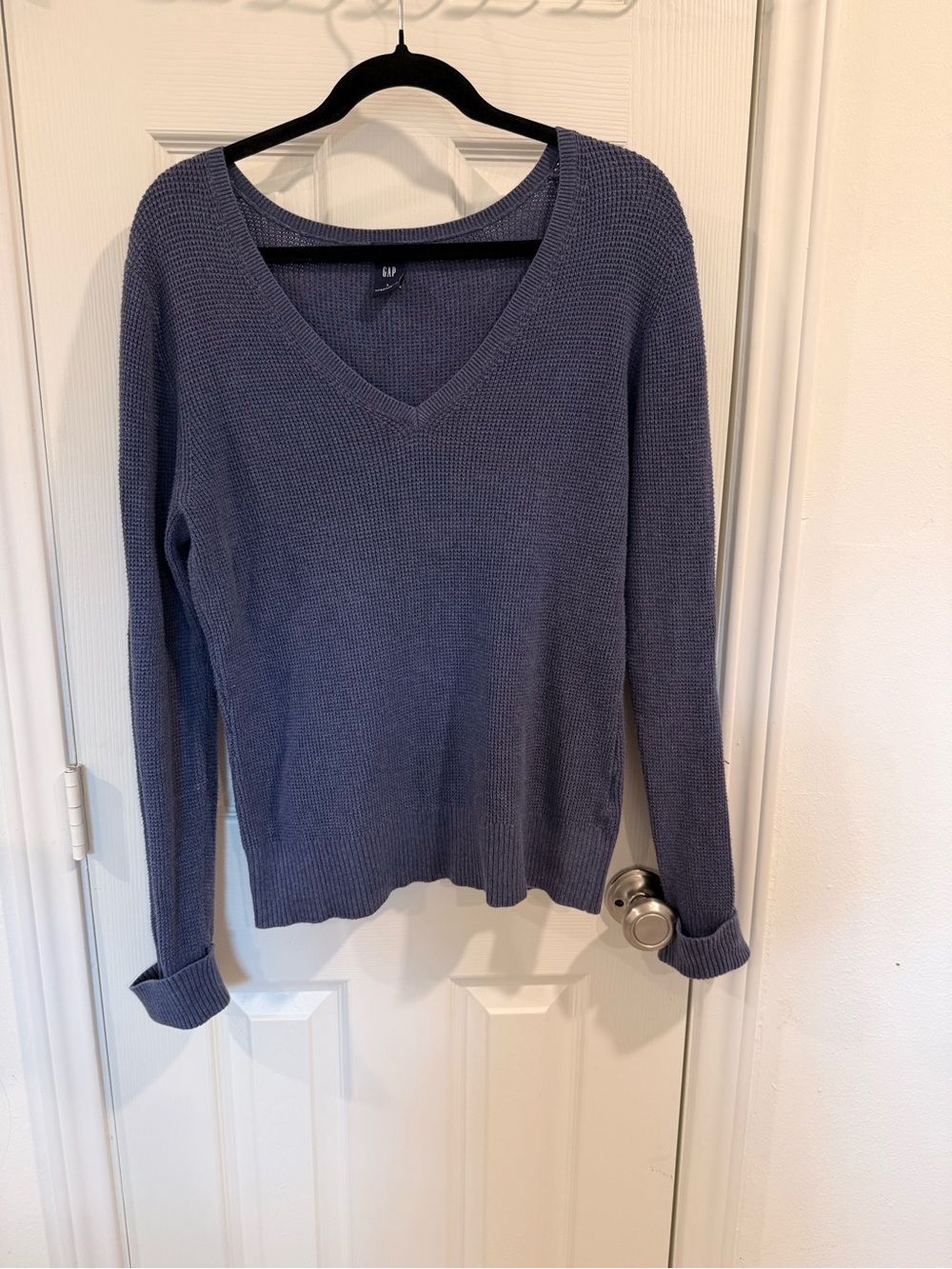 100% Cotton V-Neck Long Sleeve Waffle Knit Top - Blue